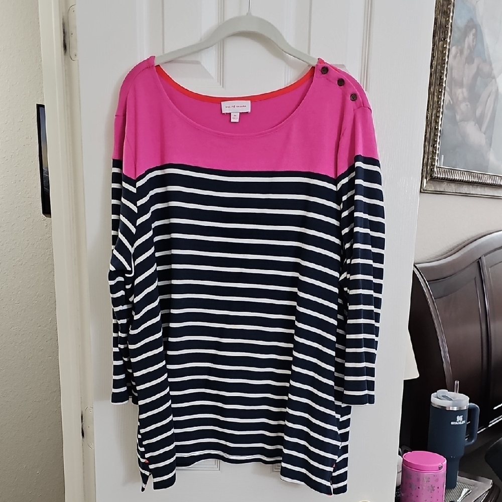 Pink and Navy Striped Button Shoulder Top
